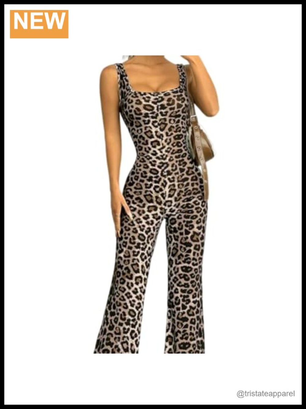 Womens Leopard Print One Piece Jumpsuit Square Neck Open Back Flared Leg
